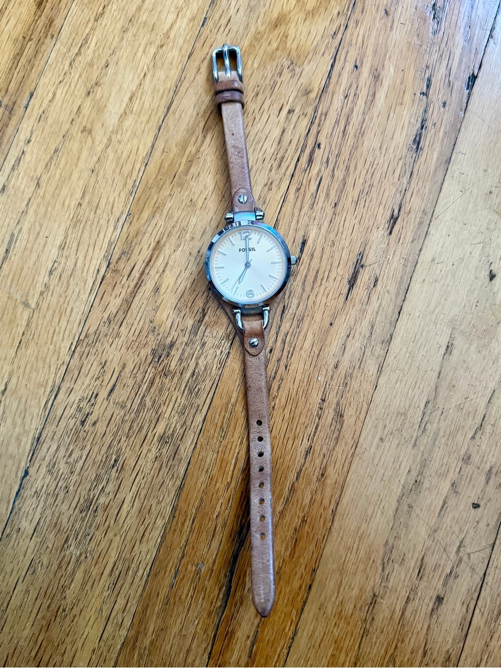Fossil Silver-Tone Case Watch with Light Brown Leather Strap